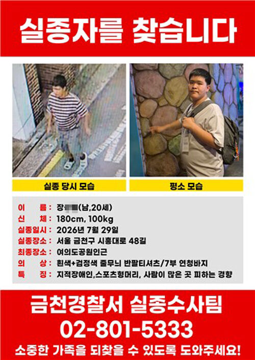 Geumcheon-gu missing person with intellectual disability (Photo provided by Geumcheon Police Station, Yonhap News)