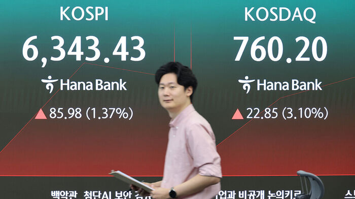 4일 서울 하나은행 본점 딜링룸에 코스피가 표시되고 있다. 이날 코스피는 오전 9시 2분 현재 전장보다 86.11포인트(1.38%) 오른 6,343.56이다. 같은 시각 코스닥지수도 전장보다 20.24포인트(2.74%) 상승한 757.59다. (사진=연합뉴스)