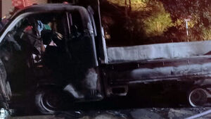 1-Ton Truck Catches Fire in House Yard, Totaling Two Vehicles