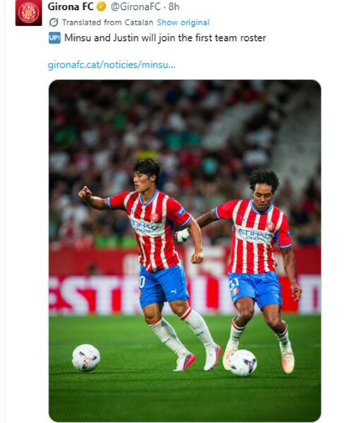 Girona announced the first-team registration of Kim Min-su (left) and Justin Garcia. (Photo: Girona club SNS, Yonhap News)