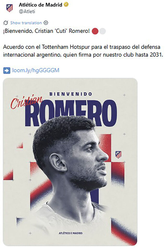 Atletico Madrid announces the signing of Cristian Romero (Photo: Screenshot from club X, Yonhap News)