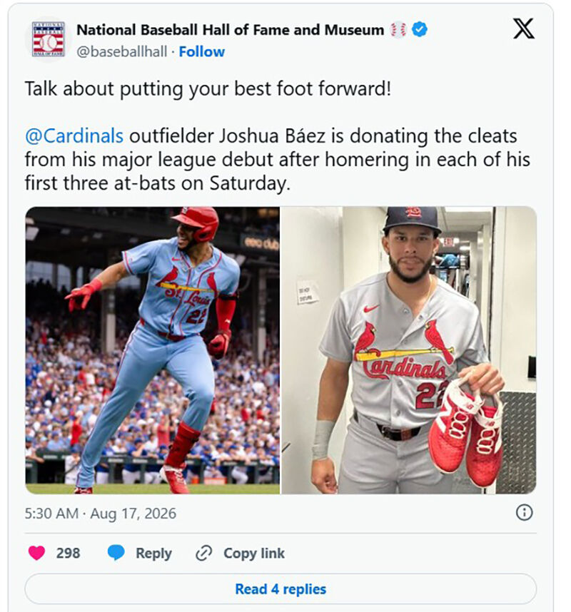 The spikes worn by Báez, who hit three consecutive home runs in his Major League debut for the first time in history, have been donated to the Hall of Fame. (Photo: Screenshot from Hall of Fame X, Yonhap News)