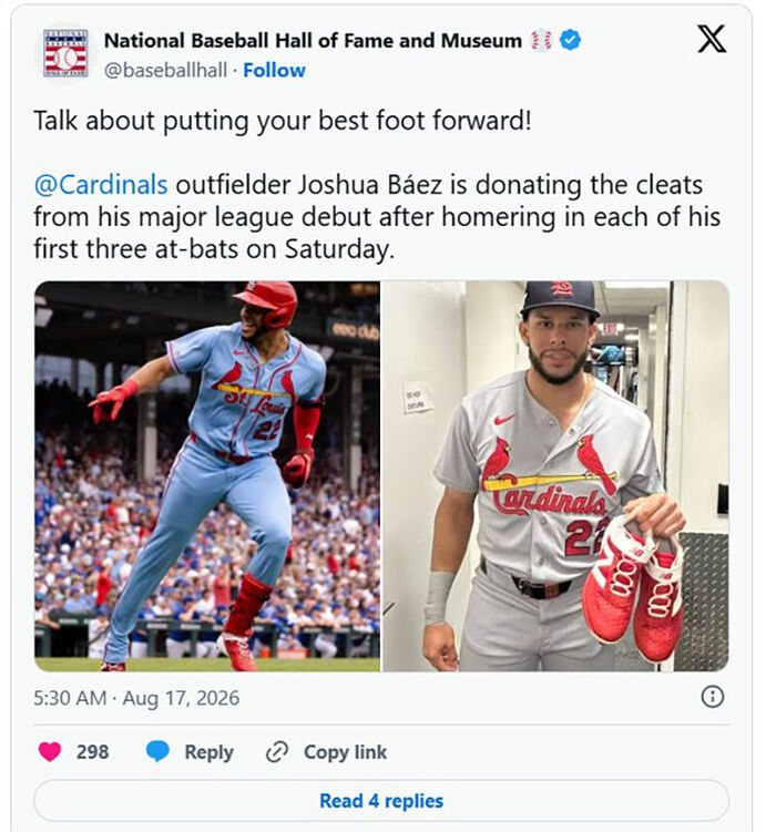 The spikes worn by Báez, who hit three consecutive home runs in his Major League debut for the first time in history, have been donated to the Hall of Fame. (Photo: Screenshot from Hall of Fame X, Yonhap News)