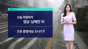 보라색 원피스를 입은 기상캐스터와 오늘 아침까지 영남 남해안 비, 오후 충청이남 소나기 자막
