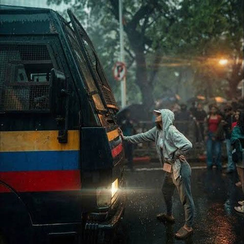 Riya Ahir blocking a police bus carrying detained protesters with one hand (Photo: X)