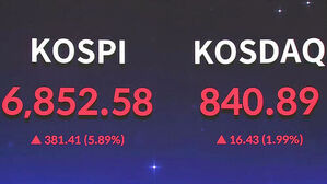 KOSPI 6,852.58(상승 381.41), KOSDAQ 840.89(상승 16.43) 증권 시세 화면