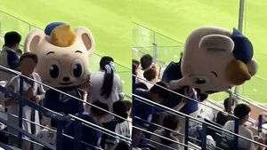 인형탈 썼는데 뒤에 남성이&hellip;야구장서 찍힌 충격 장면