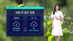이번 주 강수 전망을 설명하는 기상캐스터와 관련 날씨 정보 화면.