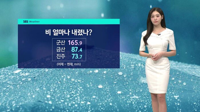 비 얼마나 내렸나? 군산 165.9, 금산 87.4, 진주 73.7mm 기상 정보 화면과 기상캐스터