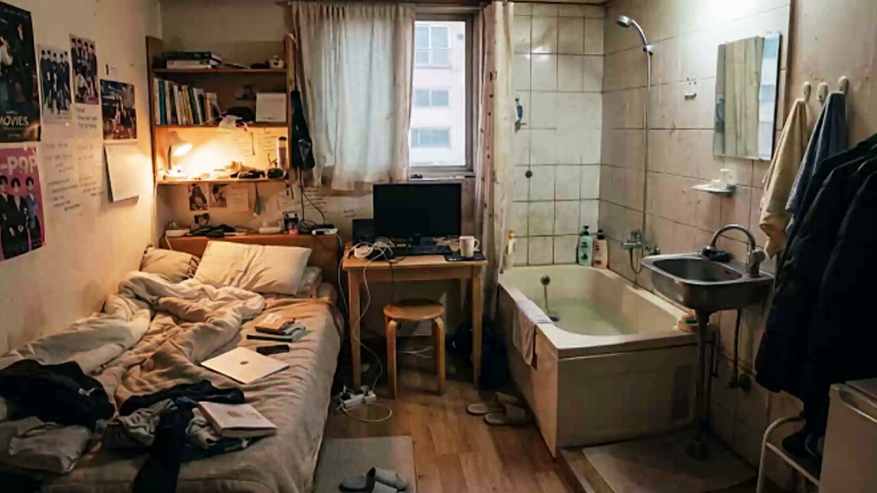 AI-generated image of a bathtub crammed into a narrow gosiwon room