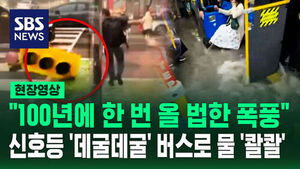 [현장영상] "100년에 한 번 올 법한 폭풍"&hellip;신호등 굴러다니고 버스 안으로 물 '콸콸'