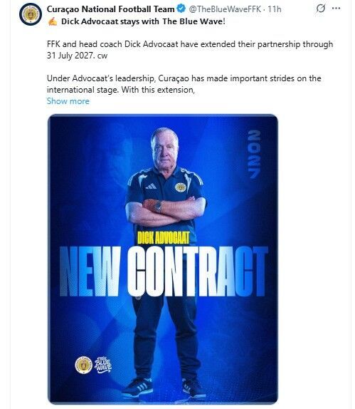 The Curaçao Football Association announcing the contract extension with coach Advocaat. (Photo: Captured from Curaçao Football Association SNS, Yonhap News)