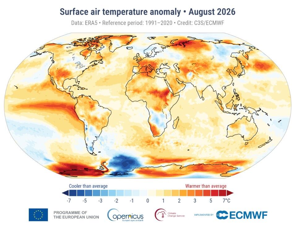 Global temperature map for August 2026 (Photo: C3S/ECMWF public data, Yonhap News)