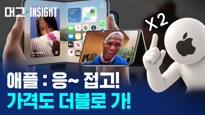 머그 INSIGHT, 애플: 응&sim; 접고! 가격도 더블로 가! 자막과 폴더블폰을 들고 있는 손, 애플 로고가 있는 캐릭터 모습.