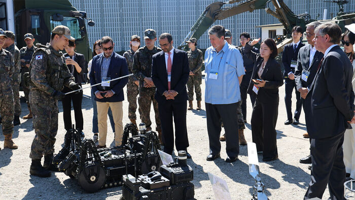 Vice Foreign Minister Kim Jin-ah visits a defense industry site with the diplomatic corps in South Korea