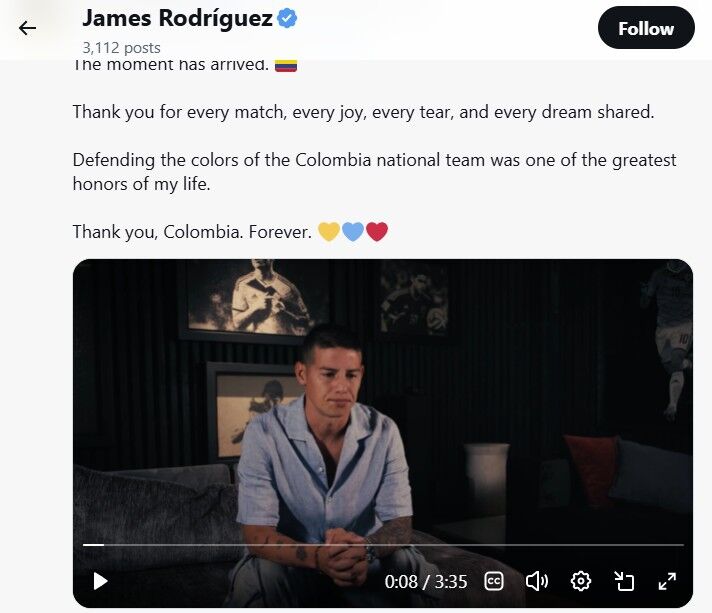 James Rodriguez, who announced his retirement from the Colombia national team