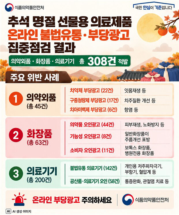Results of intensive inspection on online illegal distribution and false advertising of medical products intended for Chuseok holiday gifts (Photo provided by the Ministry of Food and Drug Safety, Yonhap News)