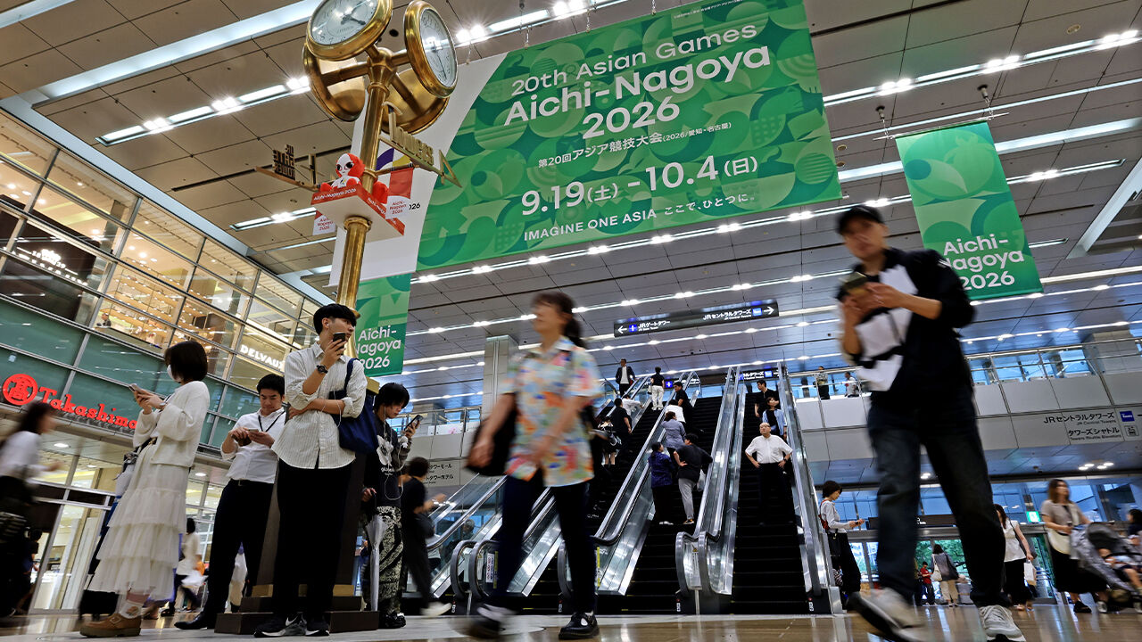 Asian Games promotional materials hang at Nagoya Station in Japan on the 16th, three days ahead of the opening of the 2026 Aichi-Nagoya Asian Games.