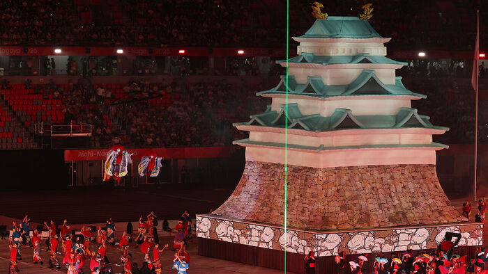 The main performance is underway during the opening ceremony of the 2026 Aichi-Nagoya Asian Games held at the Mizuho Park Athletics Stadium in Nagoya, Japan, on the 19th.