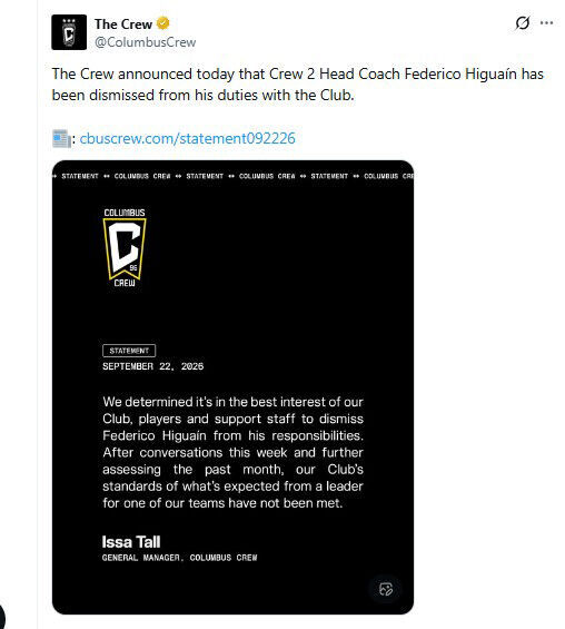 Columbus Crew announces the dismissal of reserve team head coach Federico Higuain. (Photo: Captured from Columbus Crew social media, Yonhap News)