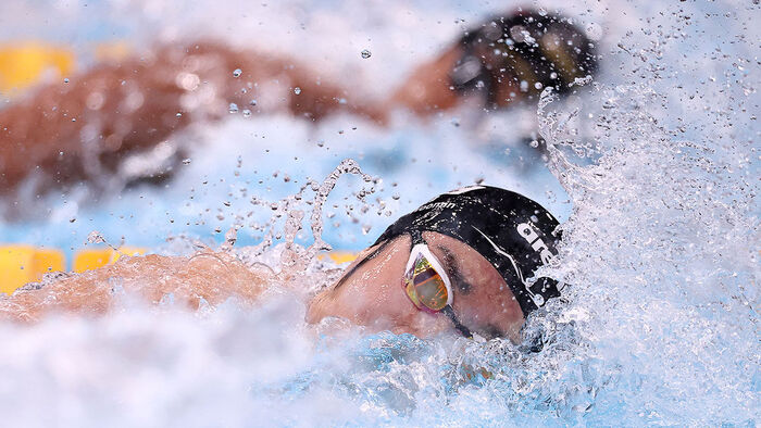 Kim Woo-min of South Korea powers through the water during the men's 4x100m freestyle relay preliminaries at the 2026 Aichi-Nagoya Asian Games at the Tokyo Aquatics Centre on the 24th. (Photo: Yonhap News)
