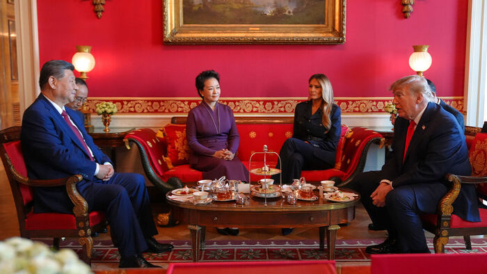 U.S. President Donald Trump and First Lady along with Chinese President Xi Jinping and First Lady chatting at the White House