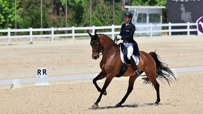 Nam Dong-heon competes with his horse 'Leonidas' in the individual dressage final of the 2026 Aichi-Nagoya Asian Games at the Tokyo Equestrian Park in Japan on September 27, taking first place with a final score of 75.190 points. (Photo provided by Nam Dong-heon, Yonhap News)