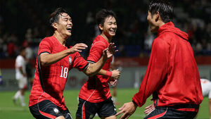 25일 일본 나고야 미즈호 공원 럭비경기장에서 열린 2026 아이치&middot;나고야 아시안게임 남자 축구 8강 한국과 베트남의 경기. 네번째 골을 넣은 김명준이 기뻐하고 있다. (사진=연합뉴스)