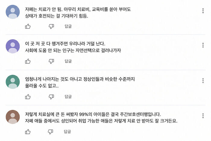 실제 SBS 뉴스토리 방송 영상에 달린 댓글을 아이디 등 신원이 특정될 수 있는 정보를 익명화 한 후 재작업해서 만든 이미지. 댓글 내용은 수정하지 않았음.