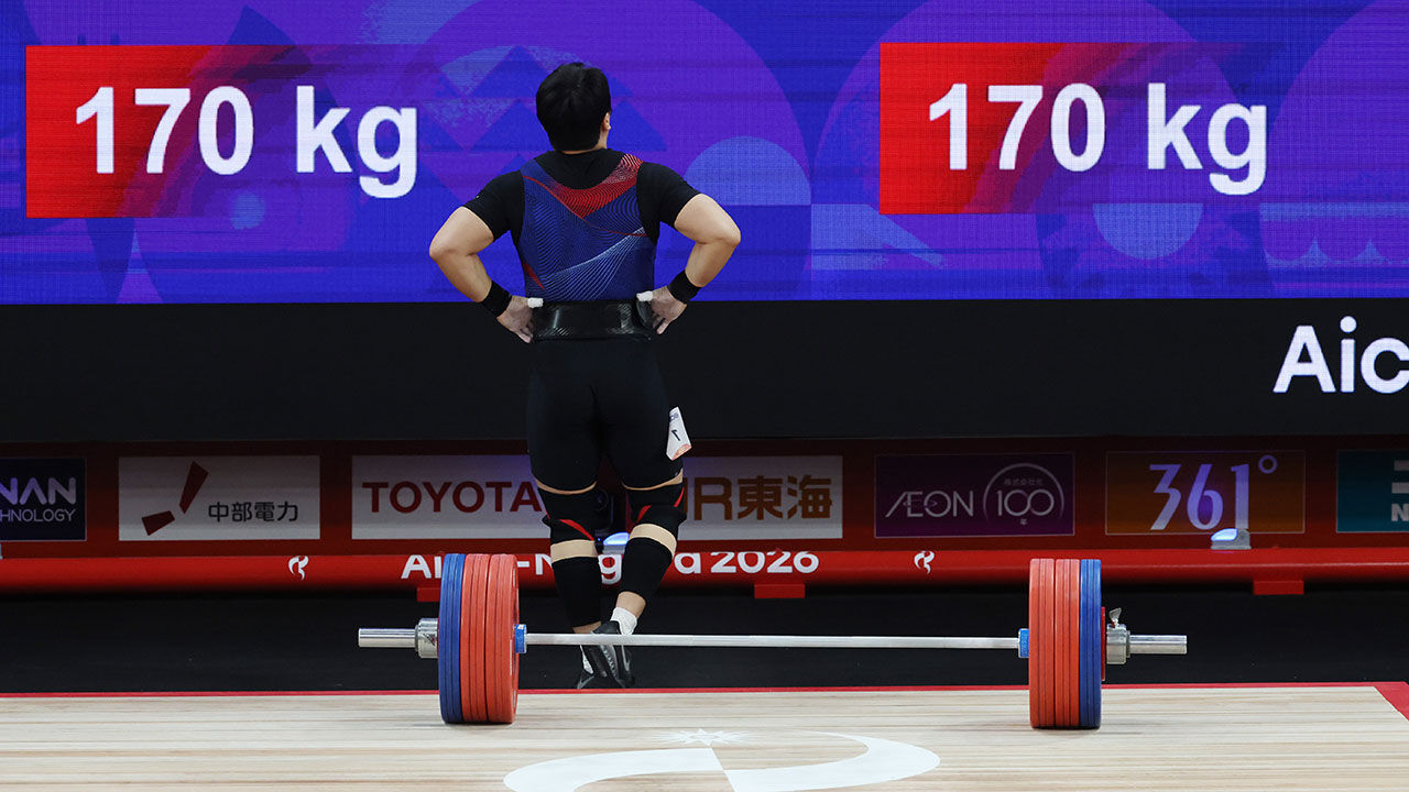 28일 일본 나고야 중소기업진흥회관에서 열린 2026 아이치·나고야 아시안게임 역도 남자 95kg급 결선에서 한국 원종범이 인상 3차 시기 170kg을 실패하고 있다. (사진=연합뉴스)