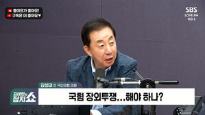 김성태 전 국민의힘 의원이 마이크 앞에서 발언하는 모습, 하단 자막 국힘 장외투쟁 해야하나
