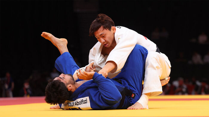 30일 일본 나고야 아이치 인터내셔널 아레나에서 열린 2026 아이치·나고야 아시안게임 유도 남자 66㎏급 한국 김찬녕과 이란 아볼파즐 마흐무디의 경기. 김찬녕이 경기를 펼치고 있다. (Photo: Yonhap News)
