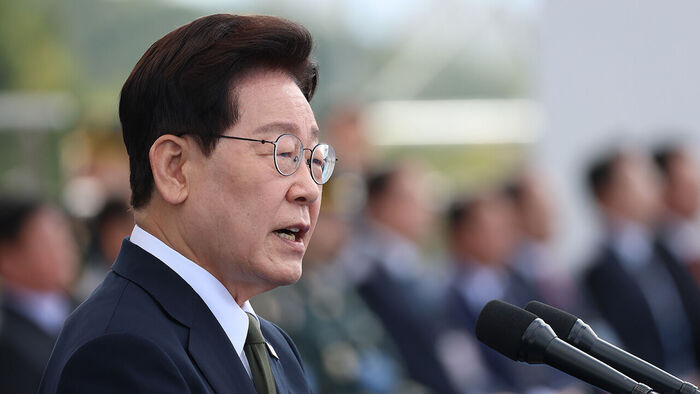 이재명 대통령이 1일 충남 계룡대에서 열린 제78주년 국군의 날 기념행사에서 기념사를 하고 있다. (사진=연합뉴스)
