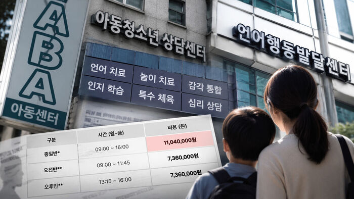 When a child is diagnosed with autism spectrum disorder, parents turn to various private therapy centers. Most therapies are non-reimbursable, meaning costs vary widely from clinic to clinic. At one behavioral therapy center in Seoul visited by the reporting team, full-day tuition exceeded 11 million won per month. To aid reader understanding, this composite image was created by combining storefront signs and publicly posted fee schedules from multiple private therapy centers across Seoul.