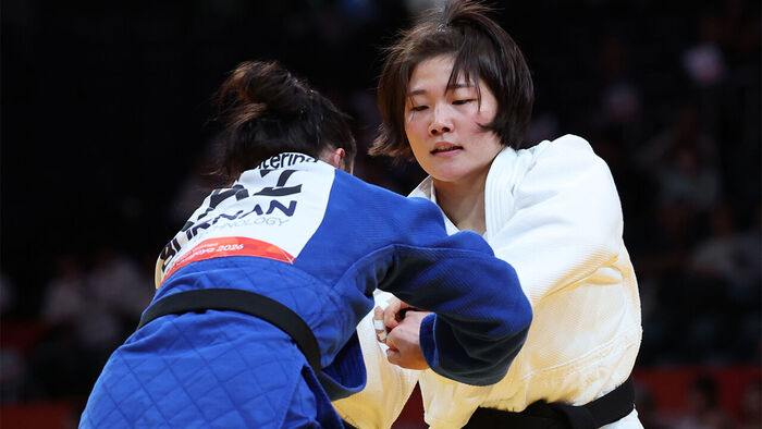 South Korea's Kim Min-ju competes against Kazakhstan's Yekaterina Tokareva in the women's -78kg quarterfinals of the 2026 Aichi-Nagoya Asian Games at the Aichi International Arena in Nagoya, Japan, on October 2. (Photo: Yonhap News)