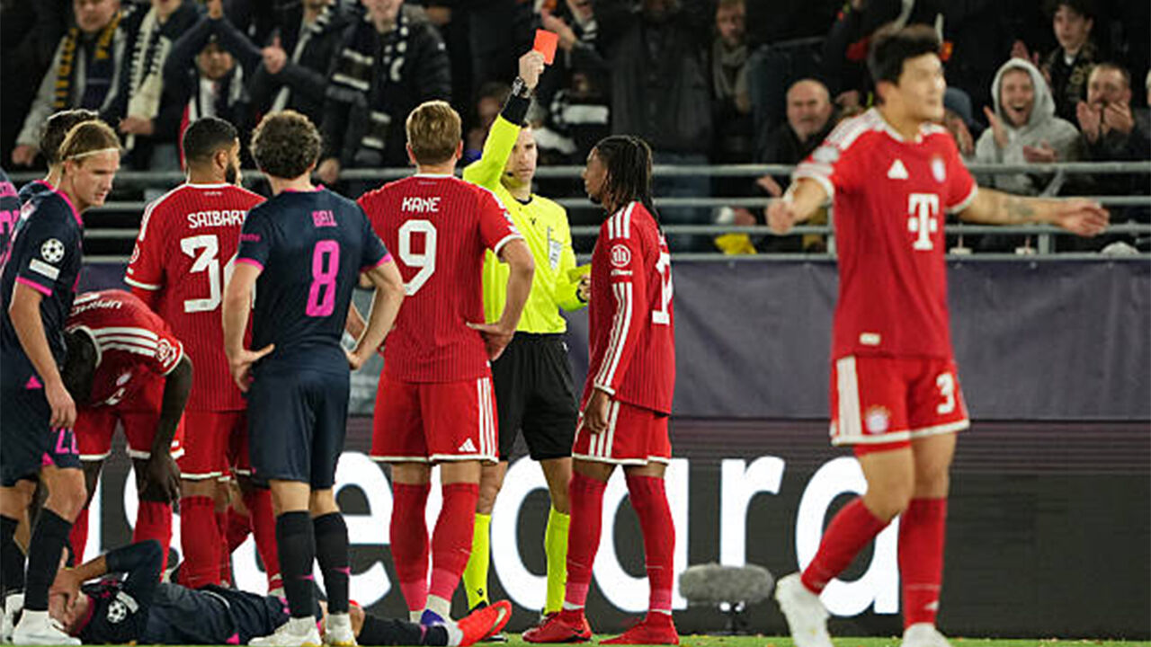 Michael Olise receiving a red card and Kim Min-jae looking disappointed