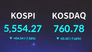 KOSPI 5,554.27 하락, KOSDAQ 760.78 하락 화면