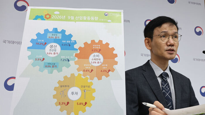 이두원 국가데이터처 경제동향통계심의관이 30일 세종시 정부세종청사에서 2026년 9월 산업활동동향을 발표하고 있다. 9월 국내 생산, 소비, 투자는 모두 증가했다. 트리플 증가는 6월 이후 석 달 만이다.