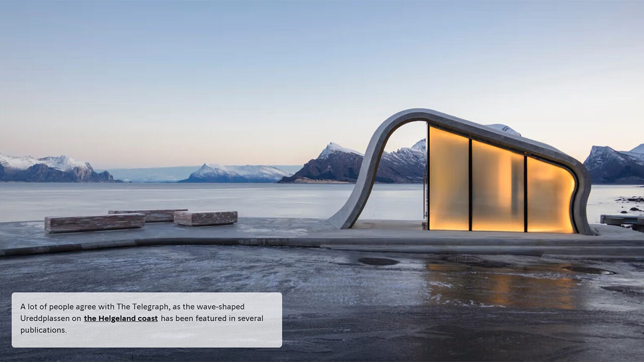 Wave-shaped restroom on the Helgeland coast in northern Norway
