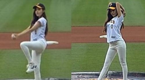 효민, 시구&hellip;타이트한 유니폼으로 우월 몸매 뽐내 '시선 집중'