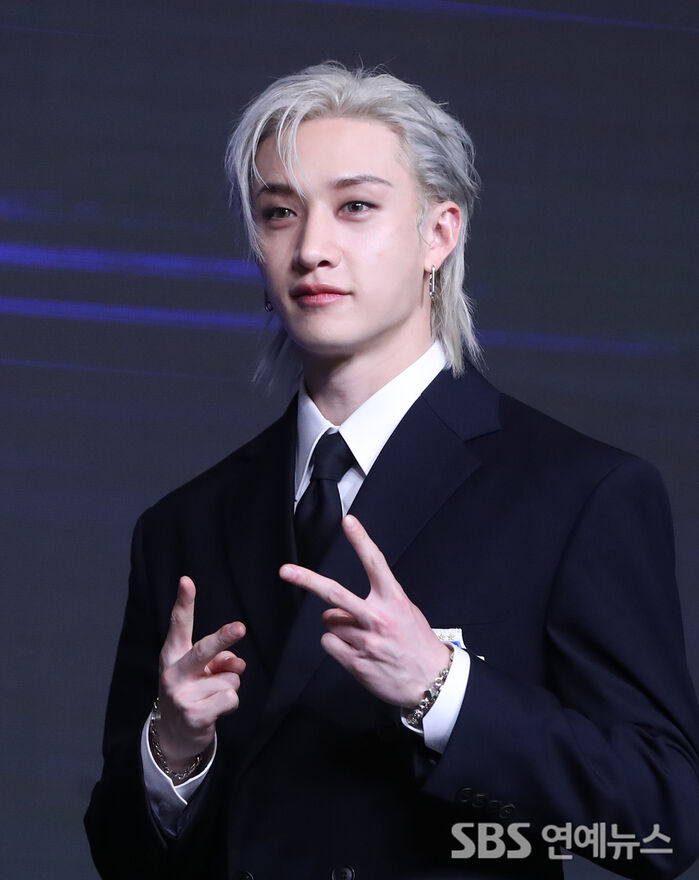 Bang Chan of Stray Kids greets fans and media at the 'KARMA' press conference