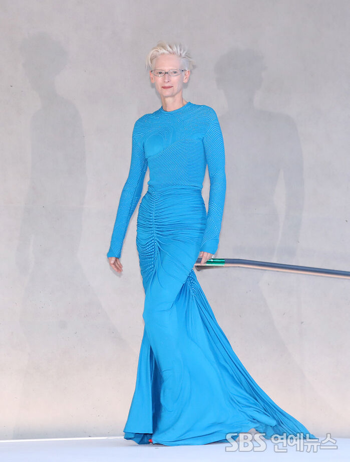 Tilda Swinton Turns Heads in a Bold Blue Dress