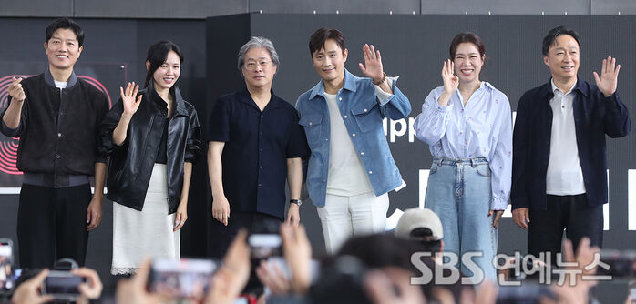 The No Other Choice team poses during the BIFF Open Talk at Busan Cinema Center