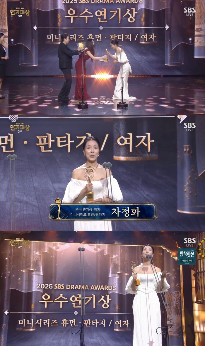 Cha Chung-hwa Thanks Former Mentor Shin Dong-yup While Accepting Excellence Award at SBS Drama Awards